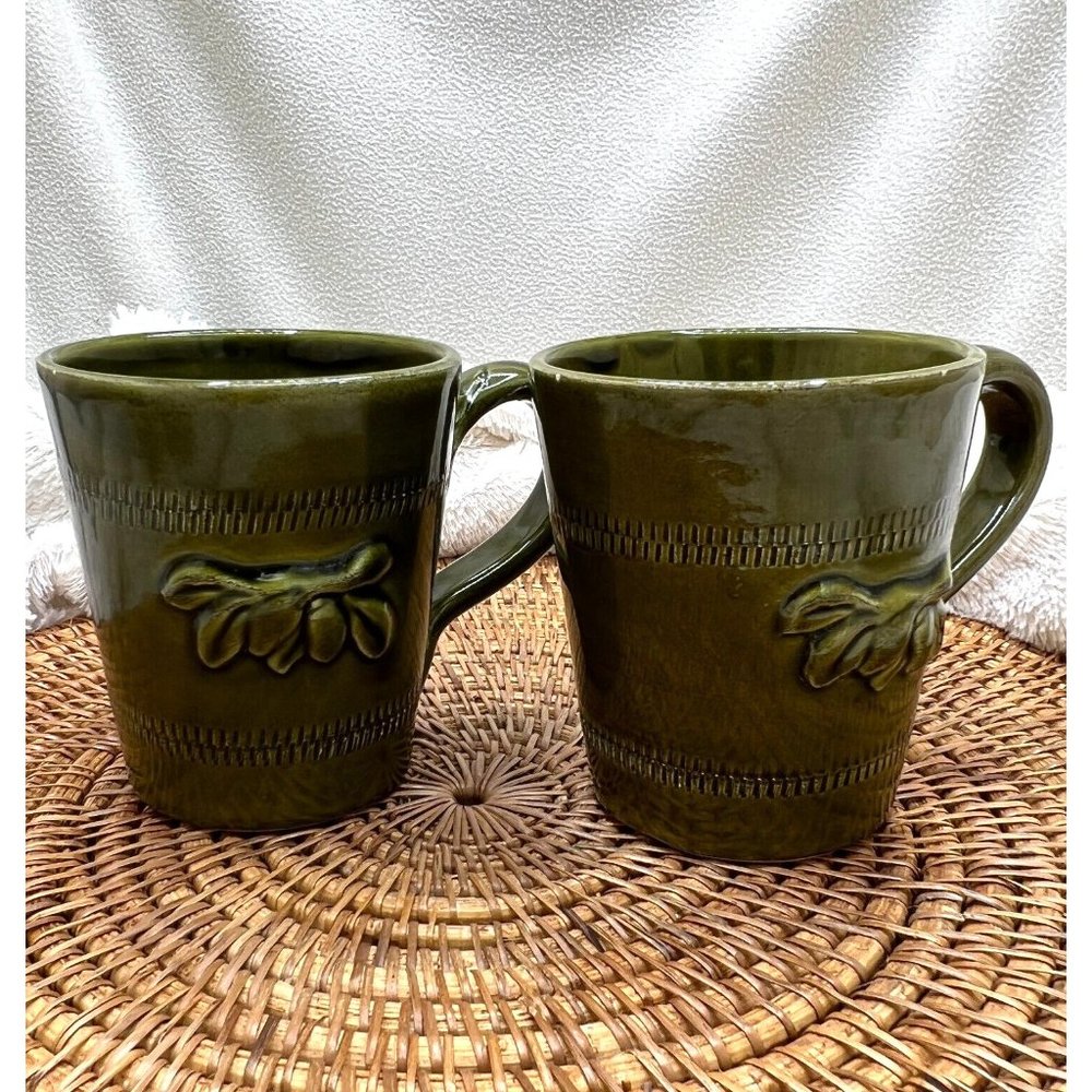 Vintage Set of 2 Cer Alfa Green Ceramic Pottery Coffee Mugs Cup Made in Italy